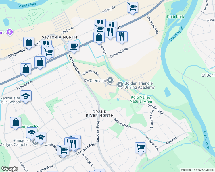map of restaurants, bars, coffee shops, grocery stores, and more near in Kitchener