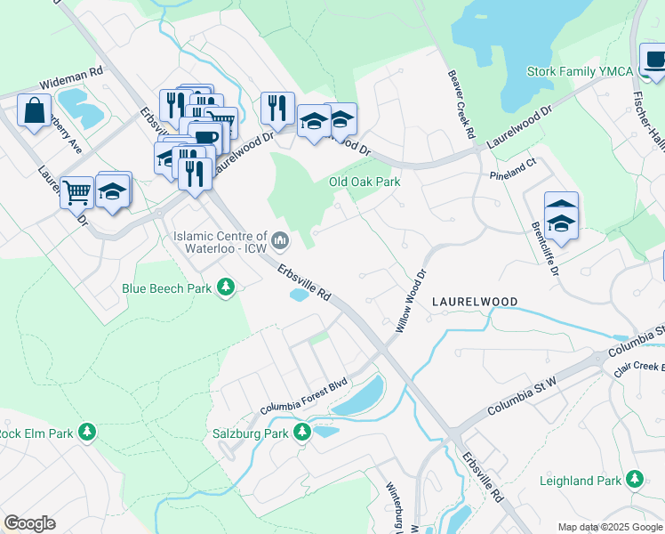 map of restaurants, bars, coffee shops, grocery stores, and more near 500 Erbsville Road in Waterloo