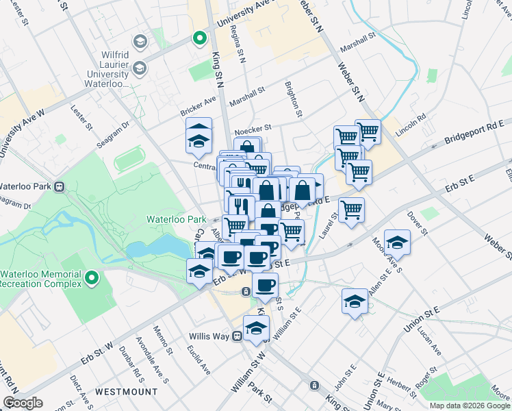 map of restaurants, bars, coffee shops, grocery stores, and more near 25 Young Street East in Waterloo