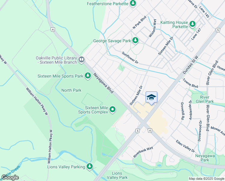 map of restaurants, bars, coffee shops, grocery stores, and more near Neyagawa Boulevard in Oakville