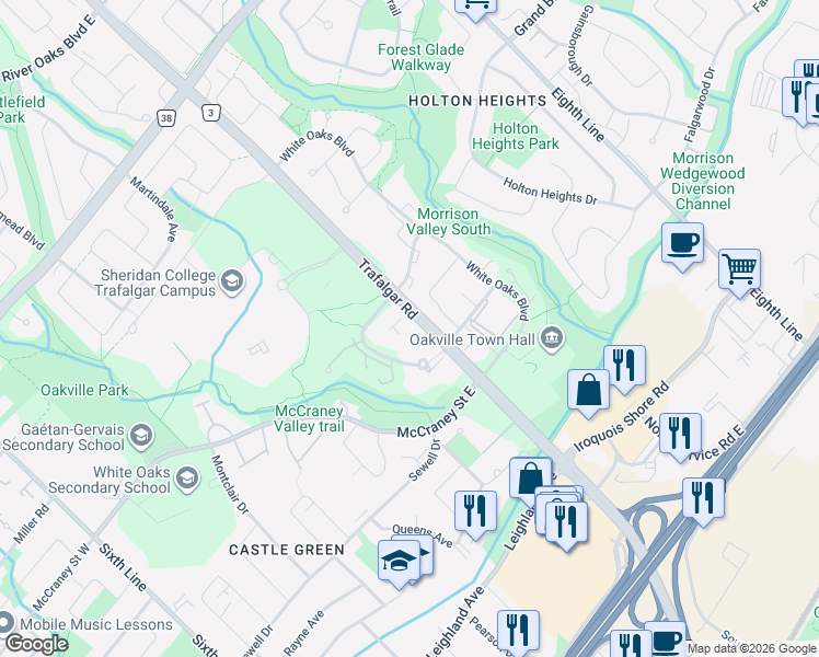 map of restaurants, bars, coffee shops, grocery stores, and more near 1235 Marlborough Court in Oakville