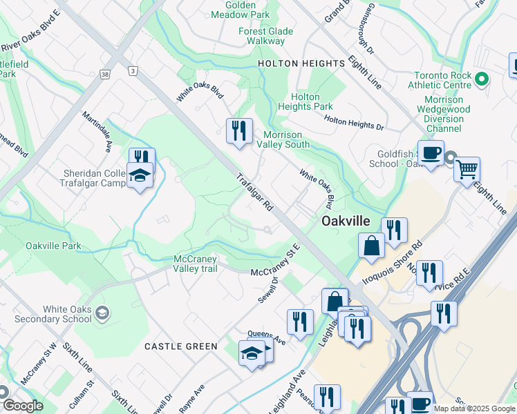 map of restaurants, bars, coffee shops, grocery stores, and more near 1235 Marlborough Court in Oakville