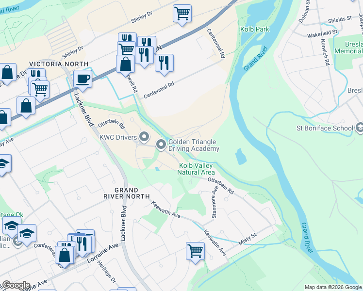 map of restaurants, bars, coffee shops, grocery stores, and more near 31 Forwell Road in Kitchener