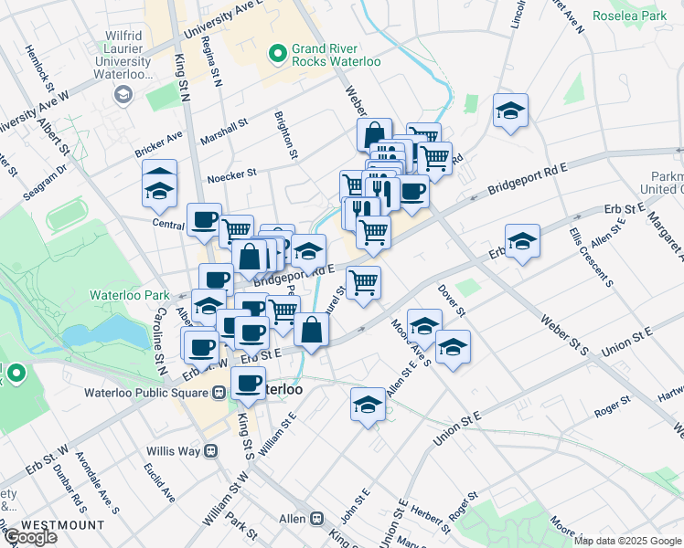 map of restaurants, bars, coffee shops, grocery stores, and more near 59 Bridgeport Road East in Waterloo