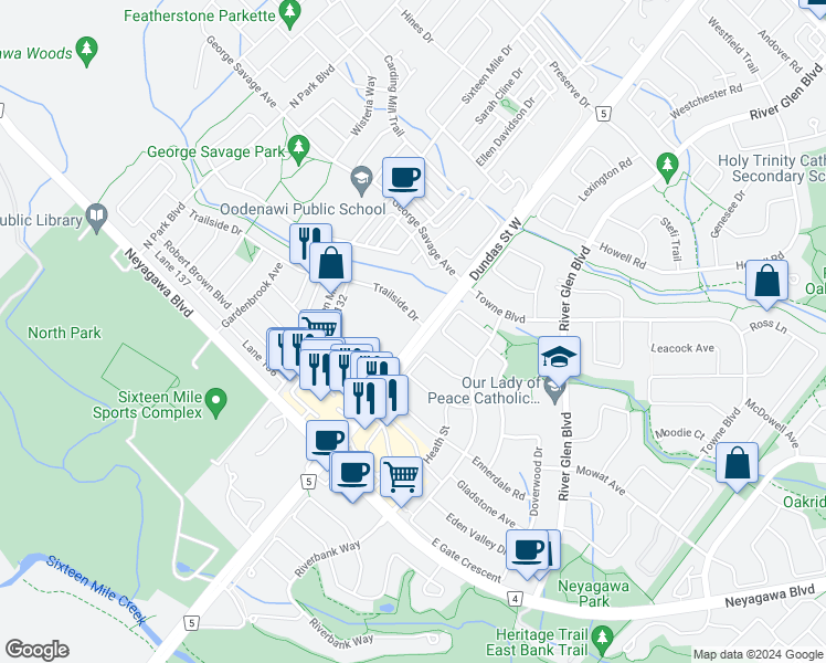 map of restaurants, bars, coffee shops, grocery stores, and more near 399 Dundas Street West in Oakville