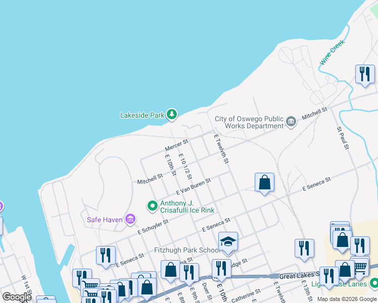 map of restaurants, bars, coffee shops, grocery stores, and more near 40 Mercer Street in Oswego