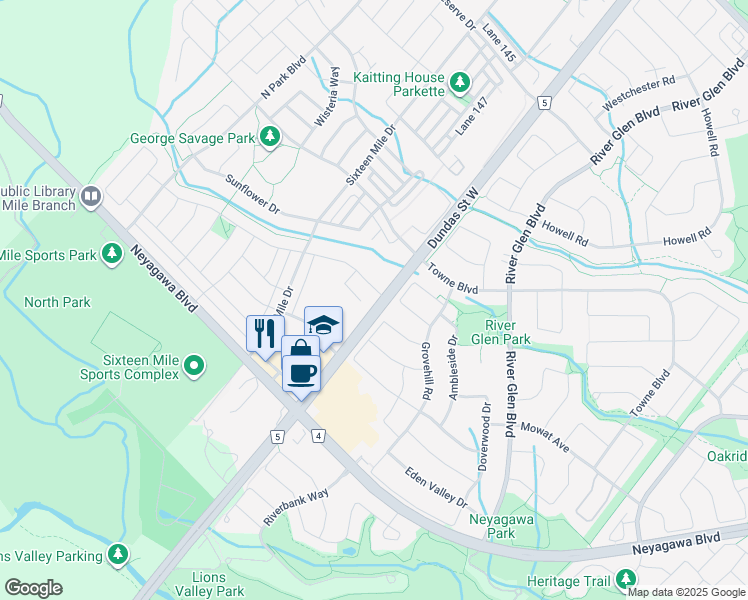 map of restaurants, bars, coffee shops, grocery stores, and more near in Oakville