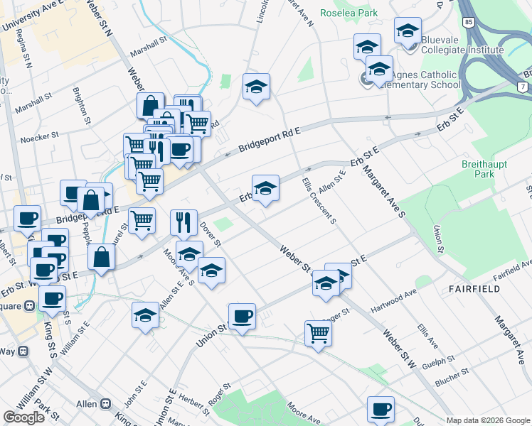 map of restaurants, bars, coffee shops, grocery stores, and more near 202 A Allen Street East in Waterloo