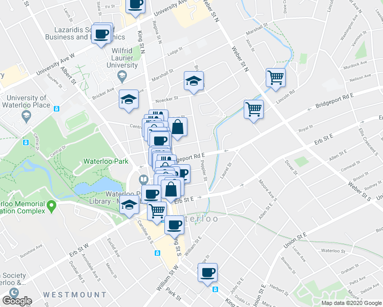 map of restaurants, bars, coffee shops, grocery stores, and more near 55 Peppler Street in Waterloo