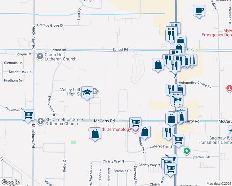 map of restaurants, bars, coffee shops, grocery stores, and more near 76 Tuscany Circle in Saginaw