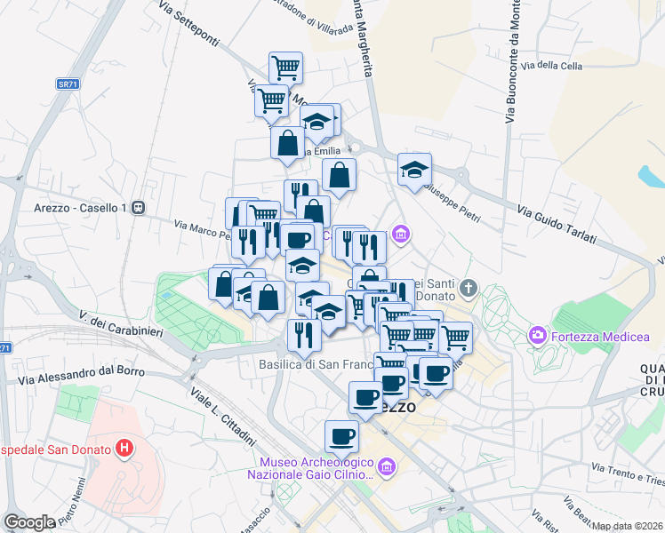 map of restaurants, bars, coffee shops, grocery stores, and more near 66 Via San Lorentino in Arezzo