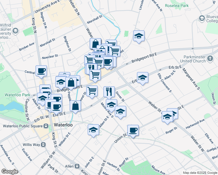 map of restaurants, bars, coffee shops, grocery stores, and more near 154 Erb Street East in Waterloo