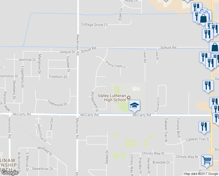 map of restaurants, bars, coffee shops, grocery stores, and more near 3757 Sundridge Place in Saginaw