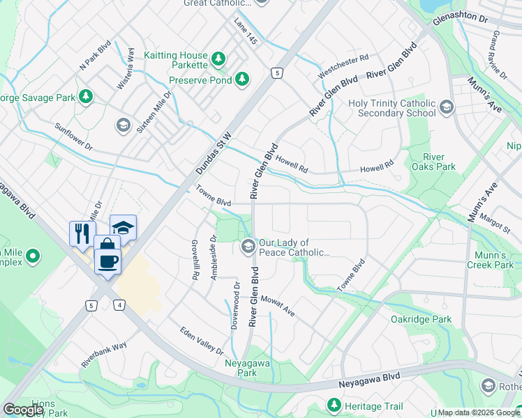 map of restaurants, bars, coffee shops, grocery stores, and more near 2390 Towne Boulevard in Oakville