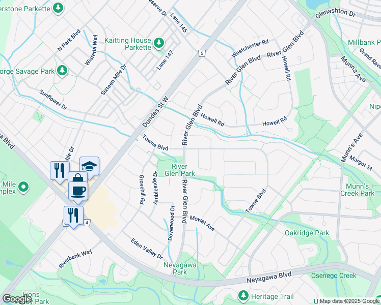 map of restaurants, bars, coffee shops, grocery stores, and more near 2390 Towne Boulevard in Oakville