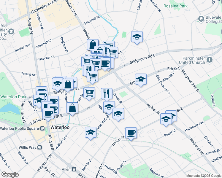 map of restaurants, bars, coffee shops, grocery stores, and more near 158 Erb Street East in Waterloo