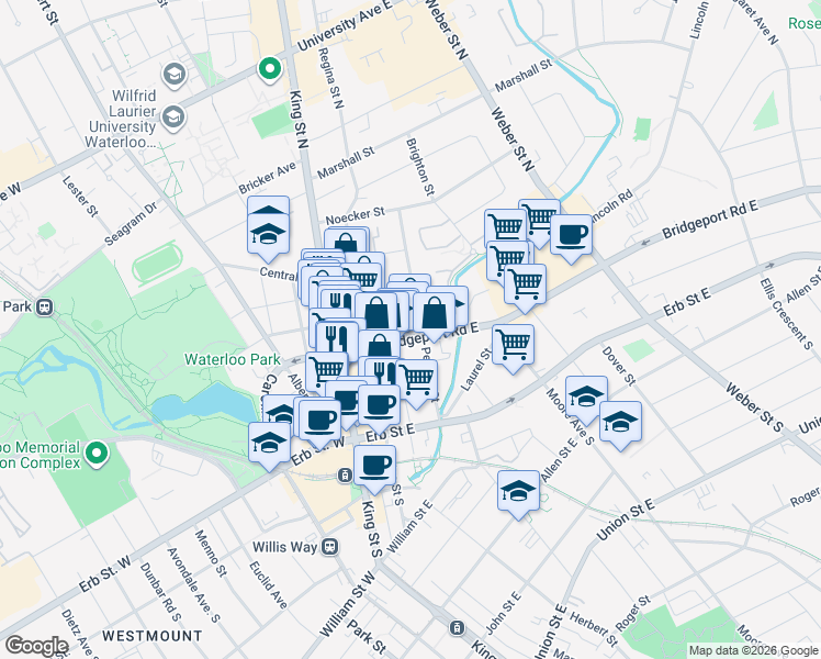 map of restaurants, bars, coffee shops, grocery stores, and more near 55 Peppler Street in Waterloo