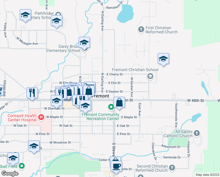 map of restaurants, bars, coffee shops, grocery stores, and more near 222 East Elm Street in Fremont