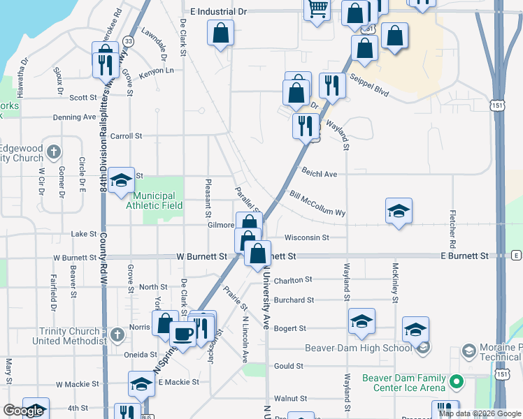 map of restaurants, bars, coffee shops, grocery stores, and more near 1300 North Spring Street in Beaver Dam