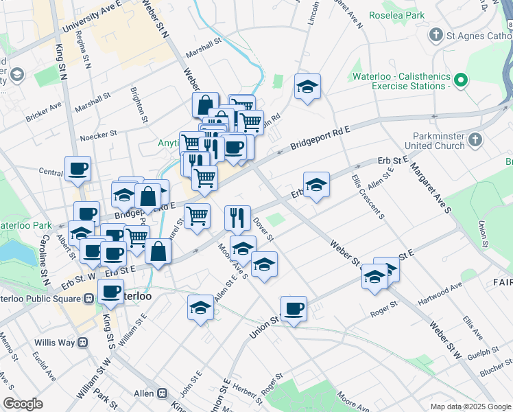 map of restaurants, bars, coffee shops, grocery stores, and more near 162 Erb Street East in Waterloo