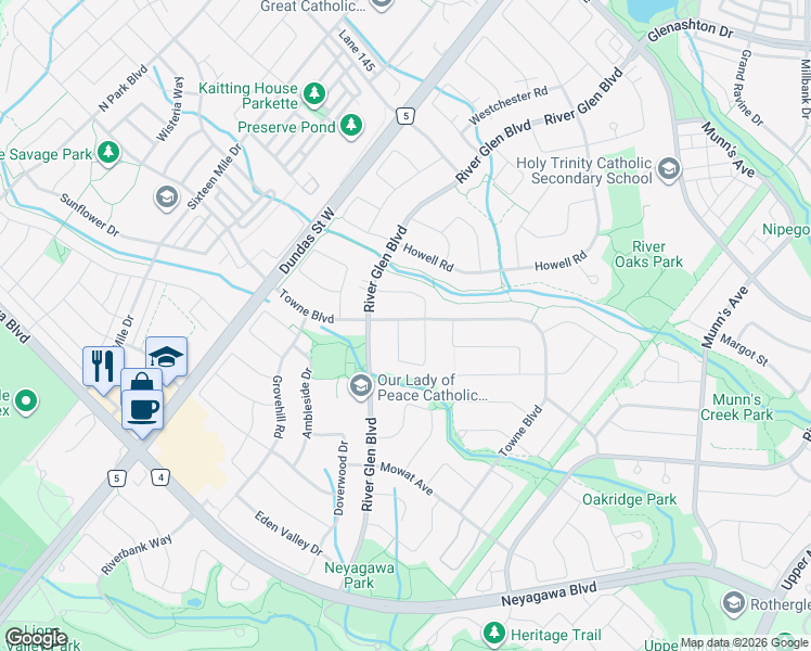 map of restaurants, bars, coffee shops, grocery stores, and more near 340 March Crescent in Oakville