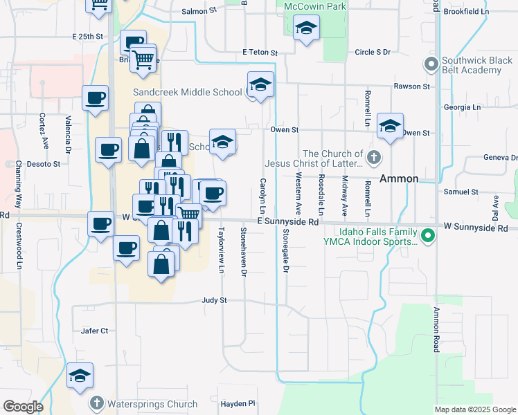 map of restaurants, bars, coffee shops, grocery stores, and more near 3240 Carolyn Lane in Ammon