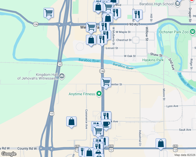 map of restaurants, bars, coffee shops, grocery stores, and more near E11086 Hatchery Road in Baraboo