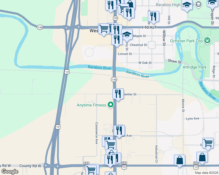 map of restaurants, bars, coffee shops, grocery stores, and more near 331 Wisconsin 136 in Baraboo
