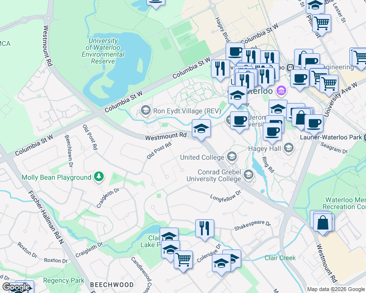 map of restaurants, bars, coffee shops, grocery stores, and more near 235 Old Post Road in Waterloo
