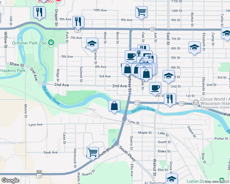 map of restaurants, bars, coffee shops, grocery stores, and more near 309 Birch St in Baraboo
