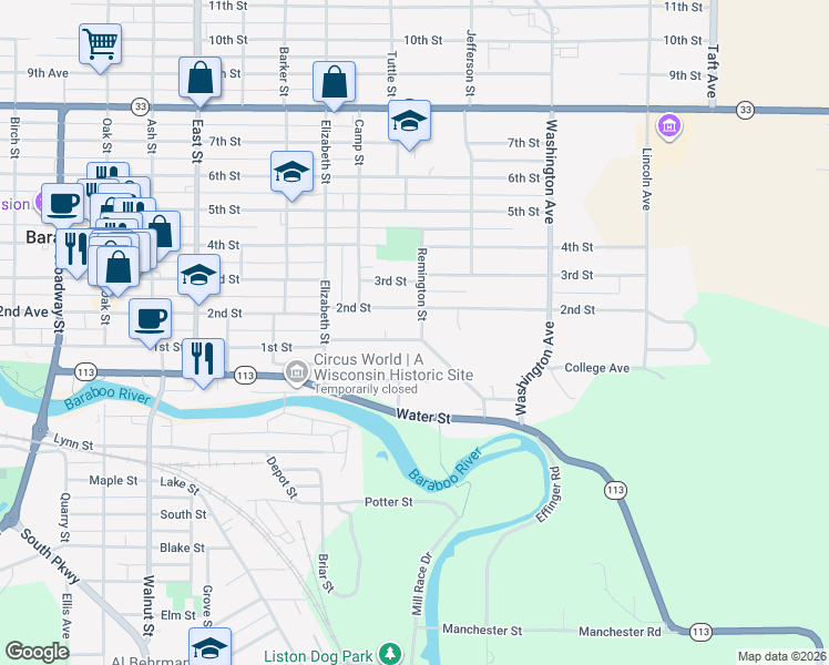 map of restaurants, bars, coffee shops, grocery stores, and more near 310 Remington Street in Baraboo