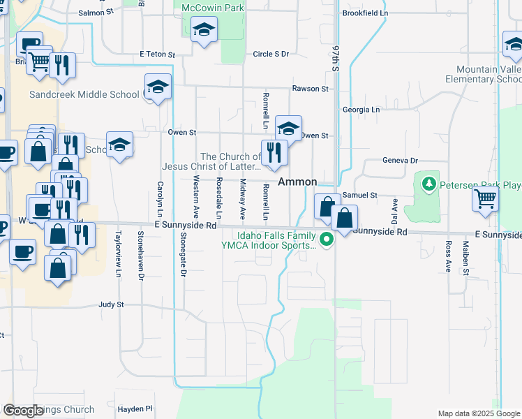 map of restaurants, bars, coffee shops, grocery stores, and more near 3200 Romrell Lane in Idaho Falls