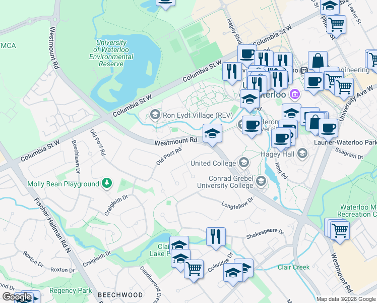 map of restaurants, bars, coffee shops, grocery stores, and more near 259 Old Post Road in Waterloo