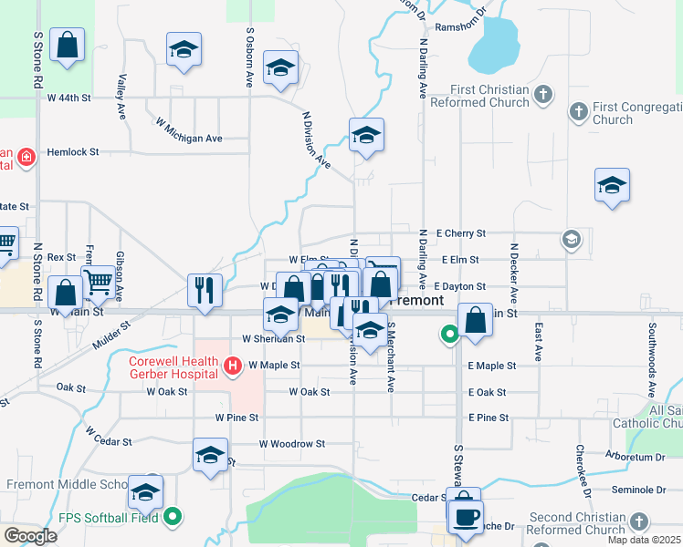map of restaurants, bars, coffee shops, grocery stores, and more near 15 West Dayton Street in Fremont