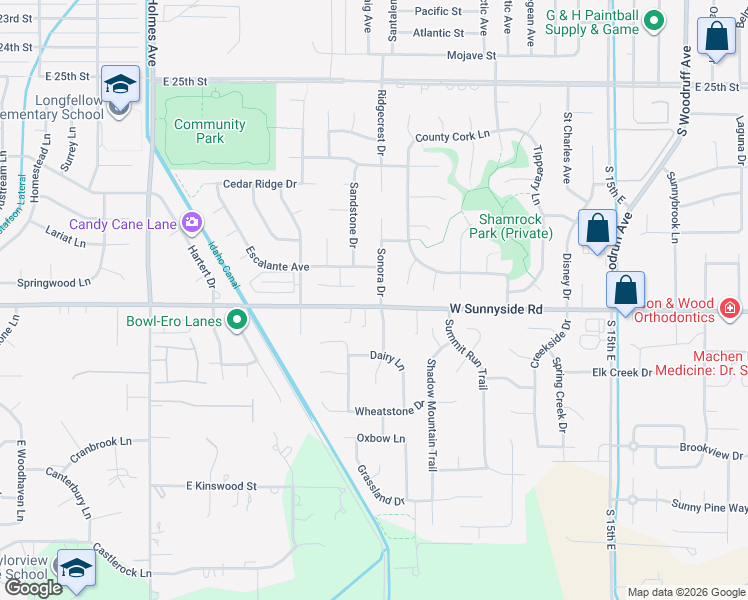 map of restaurants, bars, coffee shops, grocery stores, and more near 3260 Sonora Drive in Idaho Falls