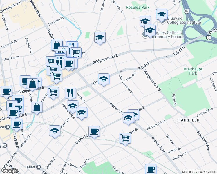 map of restaurants, bars, coffee shops, grocery stores, and more near 202 A Allen Street East in Waterloo