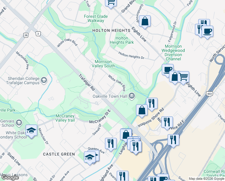 map of restaurants, bars, coffee shops, grocery stores, and more near 350 Lynnwood Drive in Oakville