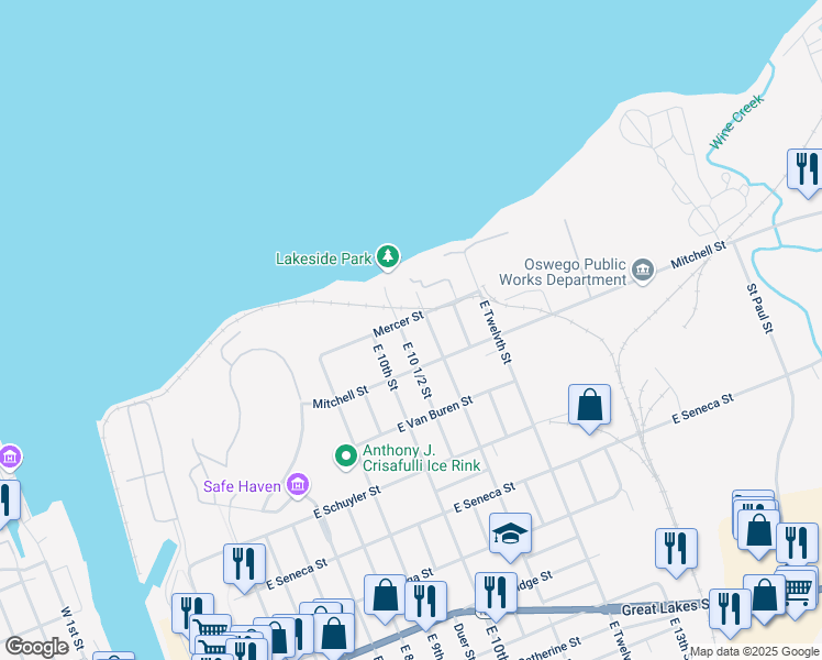 map of restaurants, bars, coffee shops, grocery stores, and more near 40 Mercer St in Oswego