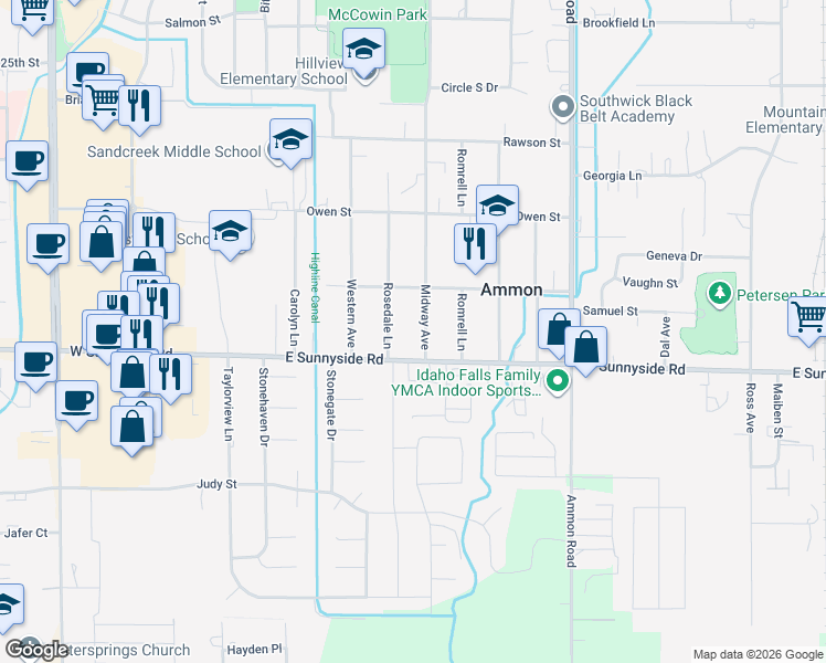 map of restaurants, bars, coffee shops, grocery stores, and more near 3250 Midway Dr in Ammon