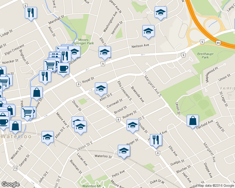 map of restaurants, bars, coffee shops, grocery stores, and more near 215 Allen Street East in Waterloo