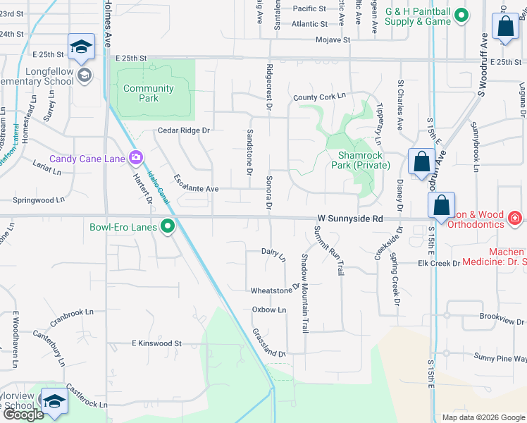 map of restaurants, bars, coffee shops, grocery stores, and more near 3260 Sonora Drive in Idaho Falls