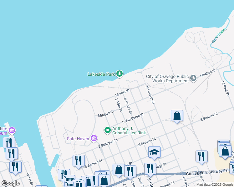 map of restaurants, bars, coffee shops, grocery stores, and more near 21 Mercer Street in Oswego