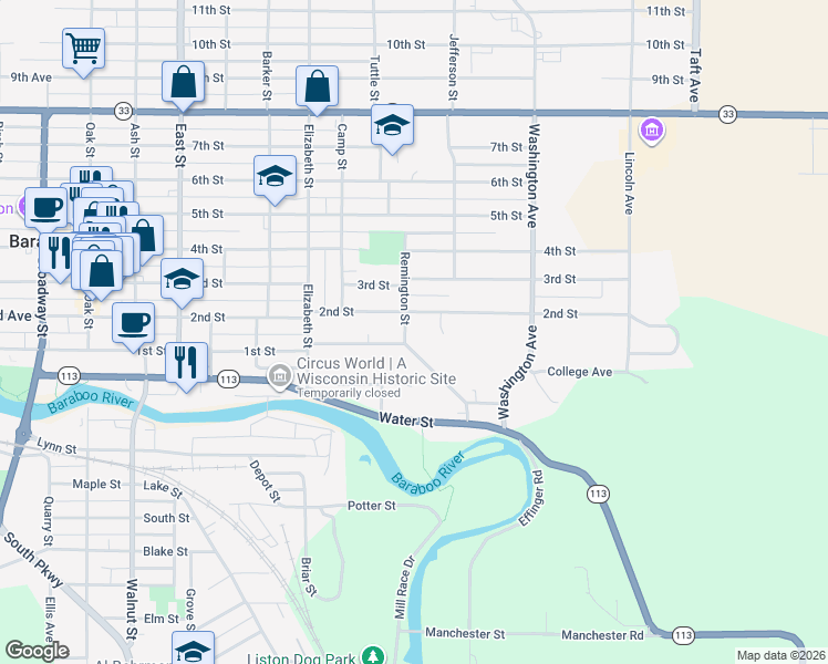 map of restaurants, bars, coffee shops, grocery stores, and more near 310 Remington Street in Baraboo