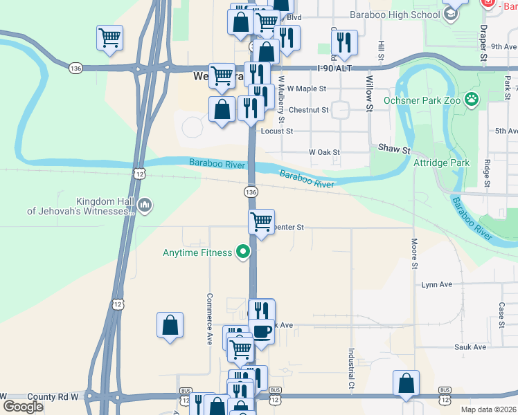 map of restaurants, bars, coffee shops, grocery stores, and more near 331 Wisconsin 136 in Baraboo