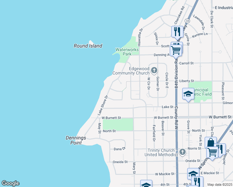 map of restaurants, bars, coffee shops, grocery stores, and more near 108 Lakeshore Terrace in Beaver Dam