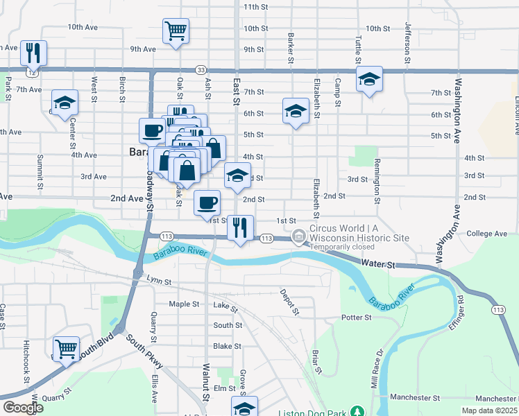 map of restaurants, bars, coffee shops, grocery stores, and more near 314 Rosaline Street in Baraboo