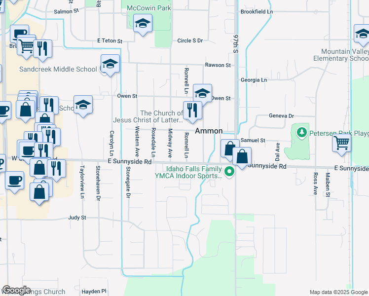 map of restaurants, bars, coffee shops, grocery stores, and more near 3200 Romrell Lane in Ammon
