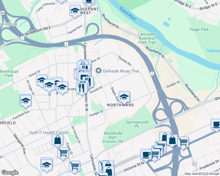 map of restaurants, bars, coffee shops, grocery stores, and more near 319 Maple Avenue in Kitchener