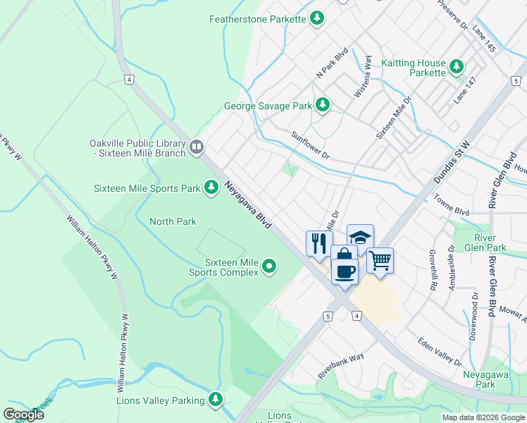 map of restaurants, bars, coffee shops, grocery stores, and more near 3165 Halton Regional Road 4 in Oakville