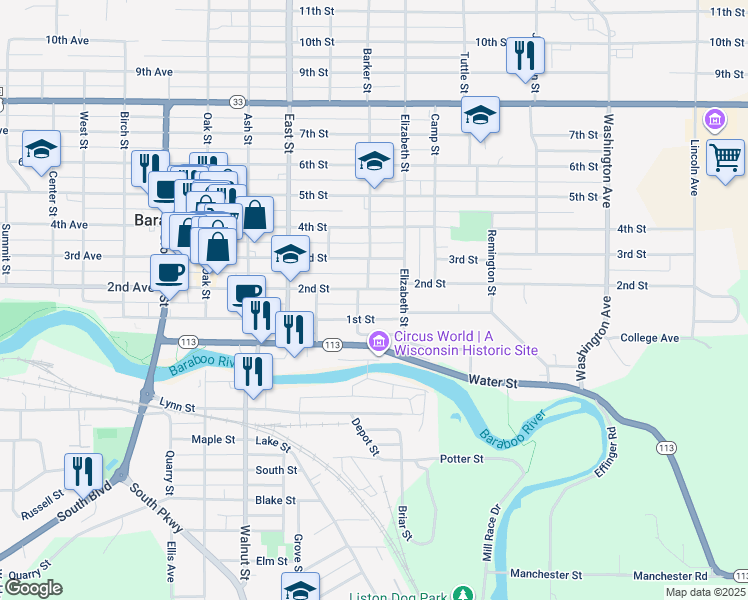 map of restaurants, bars, coffee shops, grocery stores, and more near 502 2nd Street in Baraboo